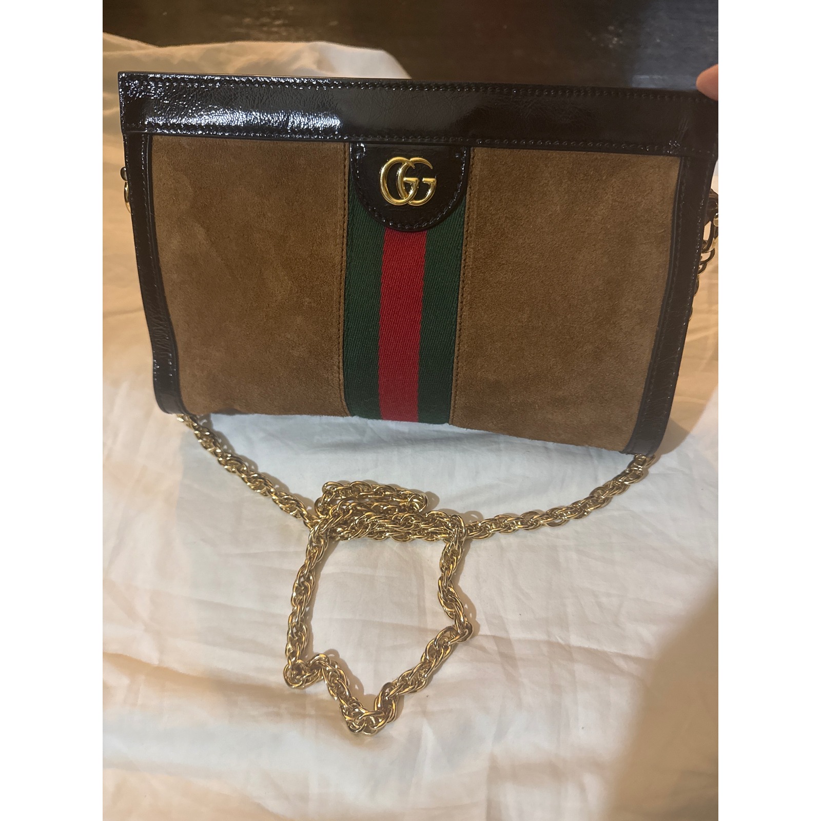 Gucci Brown Suede Black Patent Leather Chain Crossbody Bag Elegant Chic
